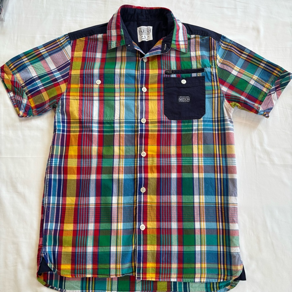 Parish Nation Multi-Color Madras Plaid Patchwork Shirt - Size Large